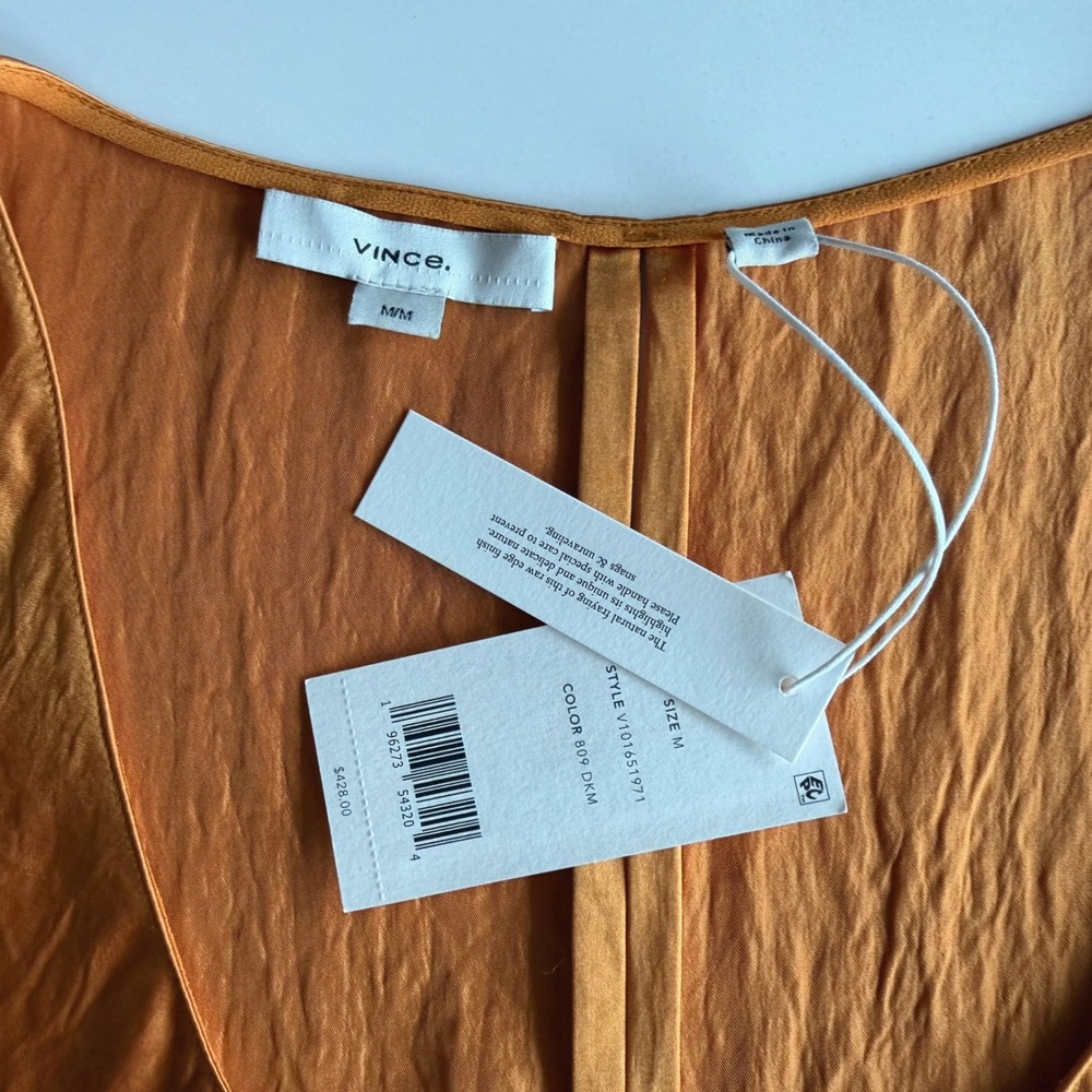 Vince NWT Satin Crinkle Sleeveless Tank Scoopneck Deep Orange Midi Slip Dress M - Picture 4 of 9